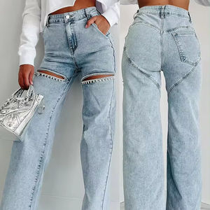 <span class=keywords><strong>Jeans</strong></span> Ecoparty Personalizzati Taglie Forti da Donna, Gamba Larga, Alta Qualità, Denim Blu, Ultimo Design con Strappi e Fiocchi, Logo Personalizzabile - Product Image 1