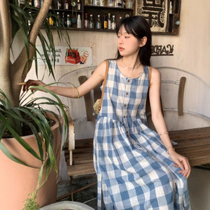 Retro Japanese Style Plaid Sleeveless A-Line Dress For Women Summer Beach Vacation Casual Wear Natural Waist Spaghetti Strap - Product Image 3