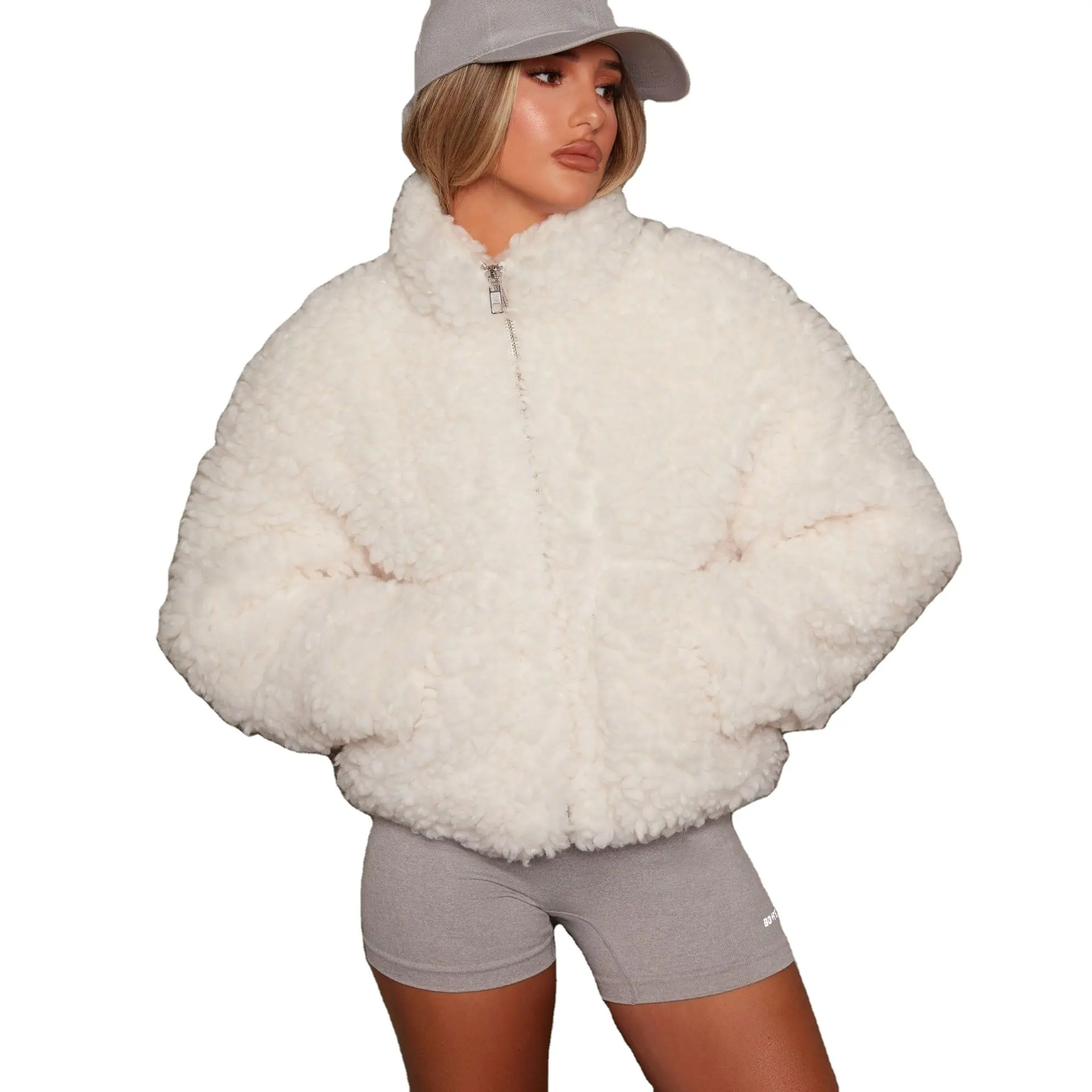 Jaket Bulu Domba Kutub Fashion Logo Kustom Mantel Wanita Musim Dingin Teddy Pendek