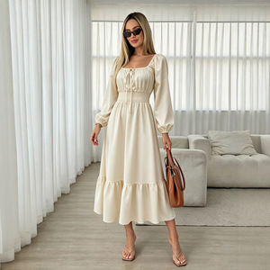 <span class=keywords><strong>Vestido</strong></span> de verano para mujer, nuevo estilo, cuello <span class=keywords><strong>cuadrado</strong></span>, <span class=keywords><strong>manga</strong></span> larga con mangas abullonadas, diseño con lazo en la cintura, efecto adelgazante y volantes. - Product Image 3