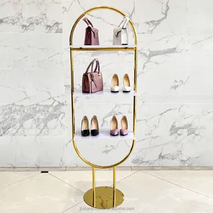 Özelleştirilmiş 3 katlı parlak altın paslanmaz çelik ayakkabı çantası mağaza ekran raf standları