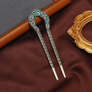 Épingles à cheveux rétro de style coréen, ornements capillaires, accessoires capillaires en gros, épingles à cheveux double-fourche en strass motif fleur de pêcher antique - Product Image 3