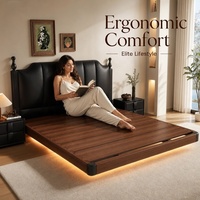 Lit flottant segmenté vertical moderne avec bande lumineuse LED chaude, cadre en bois massif, revêtement en cuir personnalisable, sommier à ressorts