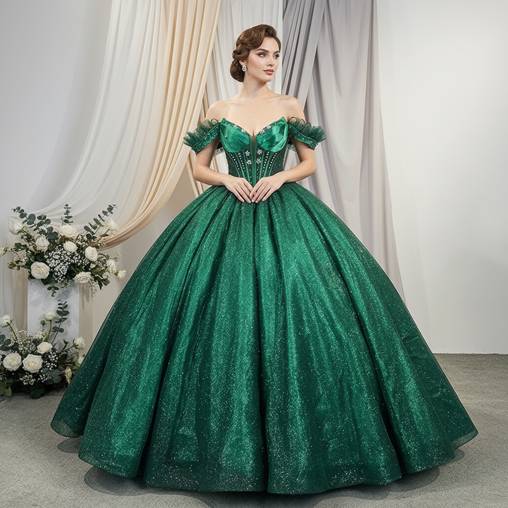 Buy Mexican Green Quinceanera Dresses Off-The-Shoulder Neckline |  Alibaba.com