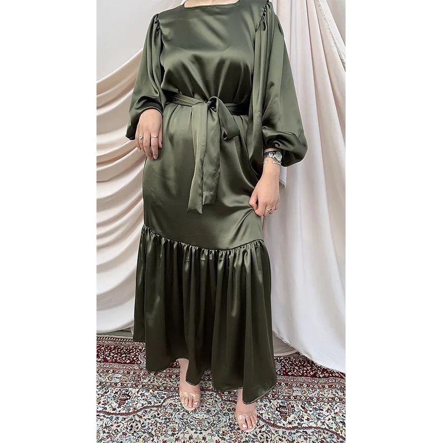 Phụ Nữ Màu Rắn Hồi Giáo Dạ Tiệc Tối Ruffles Váy Mỏng Abaya Puff Tay Áo Satin