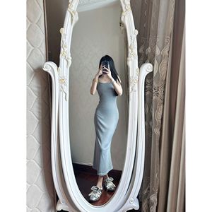 Gray Spaghetti Strap Bodycon Dress Tight Waist Long Solid Color Casual Party Dress For Women - Product Image 2