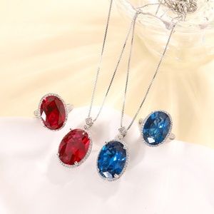High Quality Eco-friendly Copper 15*20-13*18mm Red Blue Zircon Fashion Retro Ancient Style Necklace <b>Ring</b> Jewelry Sets for Women - Product Image 1