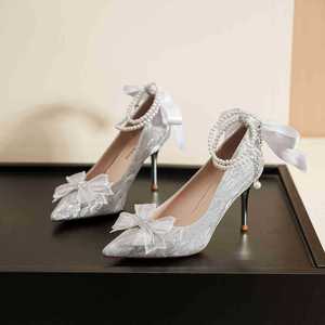 Chaussures de mariée en cristal pour femme, à bout pointu, talon aiguille, bride perlée, tendance mode, talon haut - Product Image 1