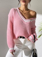 Stocks usine hiver Preppy Style femmes décontracté col en V motif ample pull pull avec 5 perles tenues tricotées pour dames