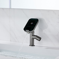 Grifo de Lavabo de Latón de Doble Modo con Pantalla Digital en Gris Metálico, Grifo de Agua Fría y Caliente con Estante de Almacenamiento que Ahorra Espacio