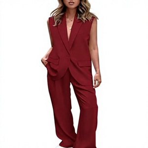 Women's Red Sleeveless <b>Blazer</b> <b>Set</b> Loose Fit Wide Leg Pants Two Piece Suit Casual Spring Summer Solid Color Crepe Fabric - Product Image 1
