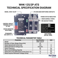 Système de commutation automatique monophasé Nitan WHK-125A/2P PC ATS, interrupteurs ATS, capacité de coupure 6kA, utilisation industrielle et domestique