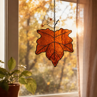 Attrape-soleil en verre teinté feuille d'érable orange, verre ondulé ambré, décoration d'automne, cadeau de Thanksgiving, art suspendu pour fenêtre