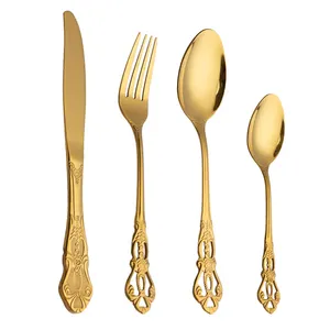 Reusable Gold Cutlery Set Royal Luxury High Quality Stainless Steel 4pcs Flatware Set With Gift Box