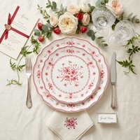 Ensemble d'assiettes en céramique rouge à motifs floraux vintage, vente en gros, vaisselle en porcelaine décorée style shabby chic pour mariages, restaurants, banquets, vente au détail
