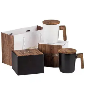 400ml Style japonais blanc et noir mat tasse et couvercle café tasse à eau tasse à thé ensemble cadeau tasses à café en céramique avec manche en bois