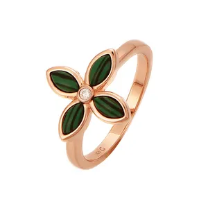 Fine Jewelry 925 Sterling Silver Geometric Crystal Ring Four Leaf Clover Shape Cubic Zirconia Malachite Ring Jewelry Wholesale