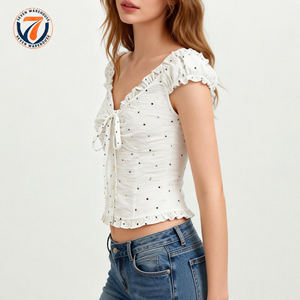 Blusa Corta de Mujer con Hombros Descubiertos, Estampado de Lunares, Mangas con Volantes, Cuello en V, Estilo Casual y Elegante, Fabricante de Camisetas de Verano - Product Image 3