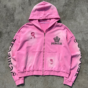 Sudadera con capucha personalizada con pedrería, 100% algodón, oversize, 500 g/m² de felpa francesa de alto gramaje, con lavado ácido y efecto desgastado, con cremallera. - Product Image 1