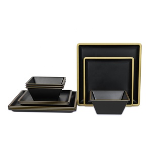Bộ Đồ Ăn Hình Vuông Bằng Nhựa Thanh Lịch Đĩa Tráng Miệng Cho Bữa Tiệc Bộ Đồ Ăn Viền Vàng Melamine Màu Đen - Product Image 1