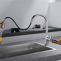 Robinet de cuisine moderne à col de cygne avec douchette extractible et mitigeur monocommande à bouton-poussoir pour l'approvisionnement des restaurants