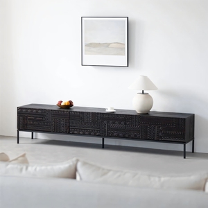 Meuble TV rétro armoire de rangement en bois massif lumière intégrée luxe haut de gamme petit appartement armoire latérale noire au sol - Product Image 2