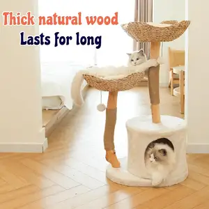 Modern Multi-Level Cat Tower Hiding Enclosure Natural Wood Cat Tree With Scratch Post