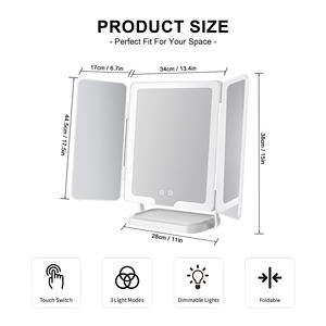 Miroir de maquillage LED multifonctionnel personnalisable à trois volets, miroir de bureau portable pliable à trois côtés avec variateur d'intensité - Product Image 3