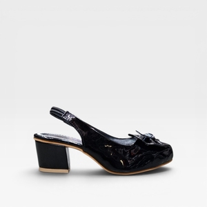 Black Patent Leather Slingback Heeled <b>Sandals</b> With Floral Bow Mid Block Heel Elegant Dress Shoes All Seasons Wear - Product Image 3