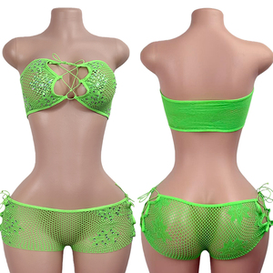 Tenues de club pour femmes, ensemble sexy deux pièces, ensemble sexy à bretelles avec diamants, vêtements de danse exotiques en résille, tenue de strip-teaseuse - Product Image 2