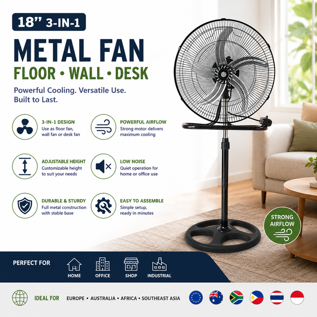 18-Inch 5 Aluminum Leaf 3-in-1 Five-Hole Base Electric Fan with Metal Grille and Air-Cooled Motor for Household Outdoor Use