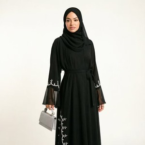 Abaya <span class=keywords><strong>Nera</strong></span> con Perle per Donne, <span class=keywords><strong>Abbigliamento</strong></span> Islamico Modesto Aperto - Product Image 3