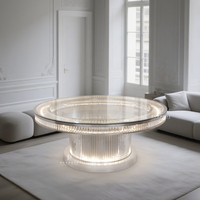 Table basse circulaire en verre côtelé de luxe de 180 cm avec plateau en verre transparent et base éclairée, table d'appoint pour canapé