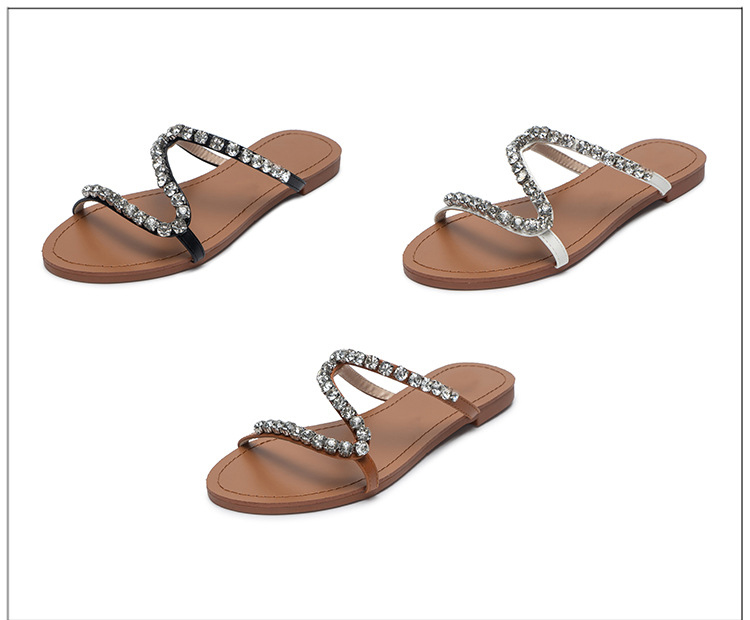 Fashion Rhinestone Flat Shoes Women's Slippers Beach Sandals Girls Leather Pu Slides