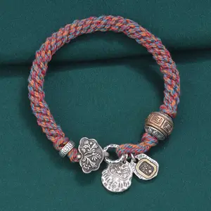 Chinese Style Pure S925 Silver Vintage Six Words of Truth Charms Hand Make Rainbow Cotton Rope Bracelet for Women Men