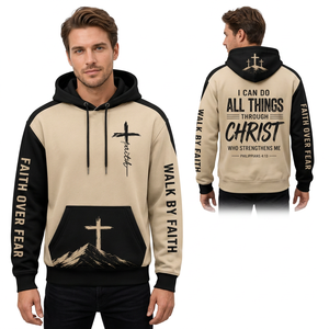 Sweat à capuche chrétien pour homme, beige et noir, 100% coton molletonné, écologique, avec poche, motif Faith Fear Walk <span class=keywords><strong>Philippians</strong></span> 4:13, décontracté - Product Image 1
