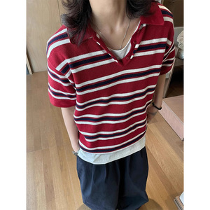 Top Estivo da <span class=keywords><strong>Donna</strong></span> in Maglia di Viscosa e Acrilico a Righe Stile Giapponese Retrò, Manica Corta, Vestibilità Ampia, Stile Preppy Casual - Product Image 3
