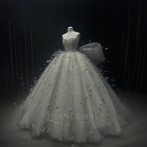 Robe de mariée gris argenté Nt186, bustier, décolleté cœur, <span class=keywords><strong>corset</strong></span> perlé, plumes, tulle, robe de bal avec nœuds Jancember - Product Image 4