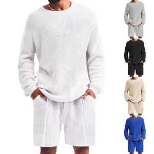 Custom Embroidery Logo Sweatsuit <b>Plus</b> <b>Size</b> Waffle Tracksuit <b>Plus</b> <b>Size</b> Wholesale Stretchable 2 Piece <b>Jogger</b> Suit Short Men's <b>Sets</b> - Product Image 1