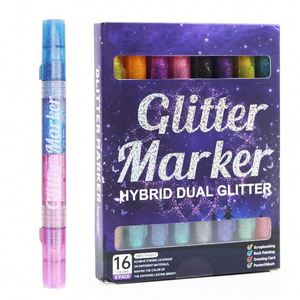 Custom Student Professional Art Double-Headed Tip Double-Color Glitter Flash <b>Pen</b> 16 Colors Plastic Stackable Color <b>Box</b> Marker - Product Image 4