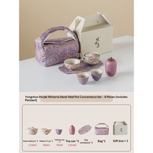 Taza de té de cerámica pintada a mano con diseño de flor de glicinia, juego de té Kung Fu retro con bolsa práctica, taza y tetera individuales, juego de té con diseño de loto. - Product Image 6