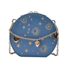 Sac à bandoulière rond bleu en PU avec broderie, breloques cœur en chaîne, fermeture éclair 7 pouces, mode printemps, sac bandoulière pour femme - Product Image 1