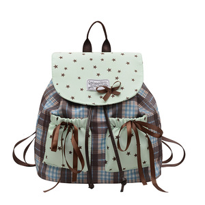 Sac à dos tendance coréen en nylon respirant pour <span class=keywords><strong>femme</strong></span>, grande capacité, polyvalent, motif écossais, avec joli nœud, idéal pour étudiante, style étoile - Product Image 5