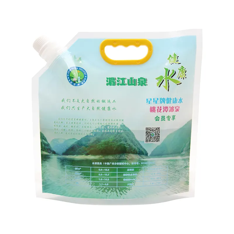 उच्च गुणवत्ता पुन: प्रयोज्य तरल खाद्य पर्वत झरना जल भंडारण प्लास्टिक पैकेजिंग बैग हैंडल के साथ कस्टम स्टैंड अप टोंटी थैली