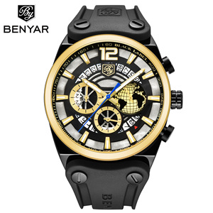 Montre à quartz analogique pour homme Benyar, chronographe, boîtier en alliage de 17 mm, bracelet en cuir noir, étanche 30 m, BY-5141M - Product Image 5