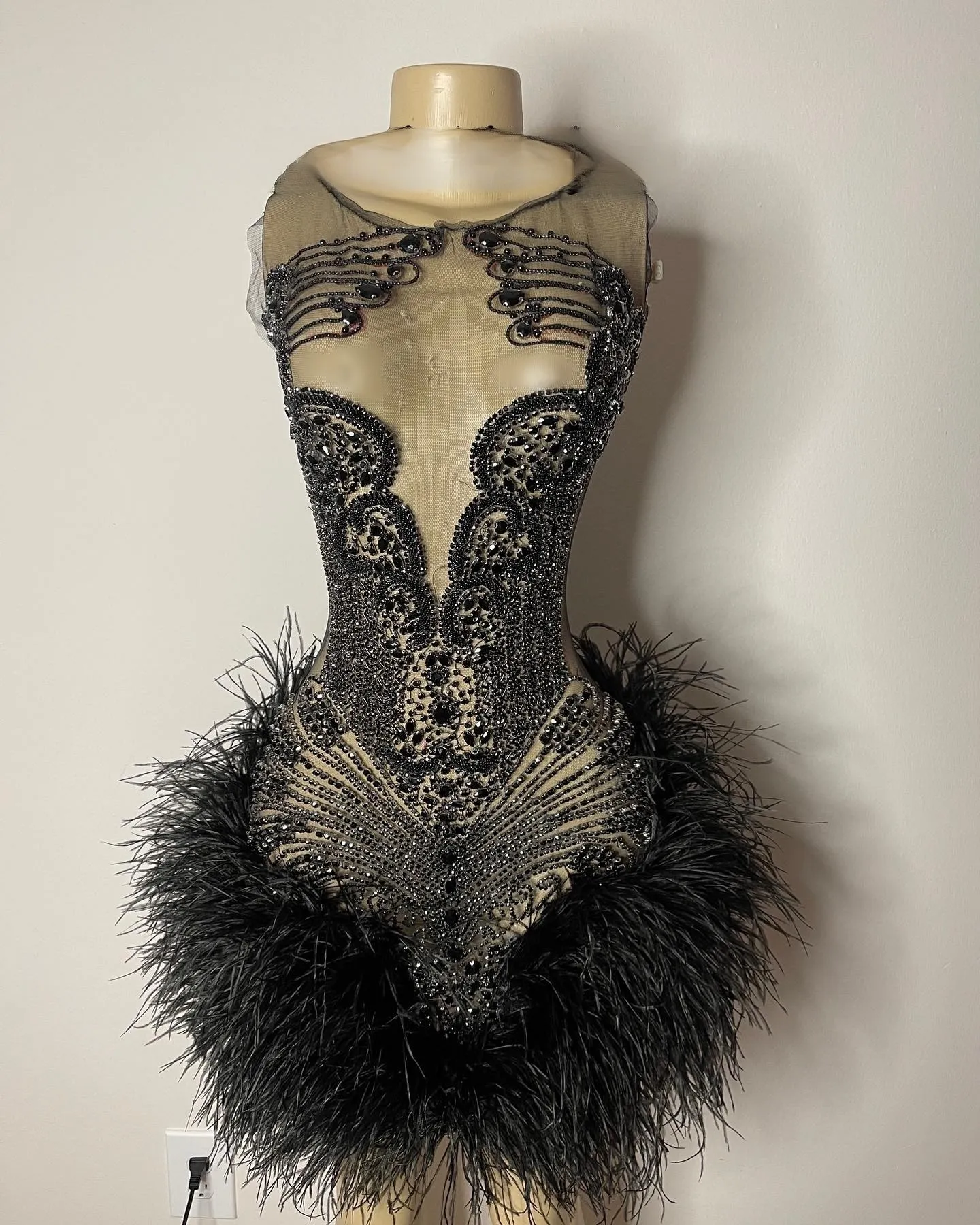 Ocstrade Custom Beaded Black Ostrich Trim Feather Dress Mini Rhinestone Prom Dress Mesh See Through Sexy Club Wear Dresses 2023