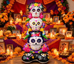 Ensemble de ballons en aluminium sur pied pour le Jour des Morts, comprenant un empilement de crânes en sucre floraux et un squelette avec guitare de mariachi, pour la décoration d'autels mexicains, de fêtes et de la maison - Product Image 4
