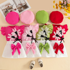 Ensemble OEM ODM d'été pour bébé <span class=keywords><strong>fille</strong></span> : haut côtelé sans manches à volants, jupe et chapeau béret avec nœud pour enfants - Product Image 1
