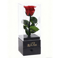 Rose éternelle naturelle préservée en gros pour la Saint-Valentin, les remises de diplômes ou Noël, avec tige et boîte en acrylique (longue durée 3-5 ans)