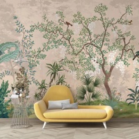 Papier peint mural botanique tropical illustré avec des arbres et des oiseaux, facile à installer soi-même, imperméable, pour la décoration de la maison et du salon